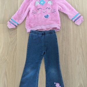 Flapdoodles Pink Fuzzy Cat Sweatshirt and Blue Knit Flare Pants Set
